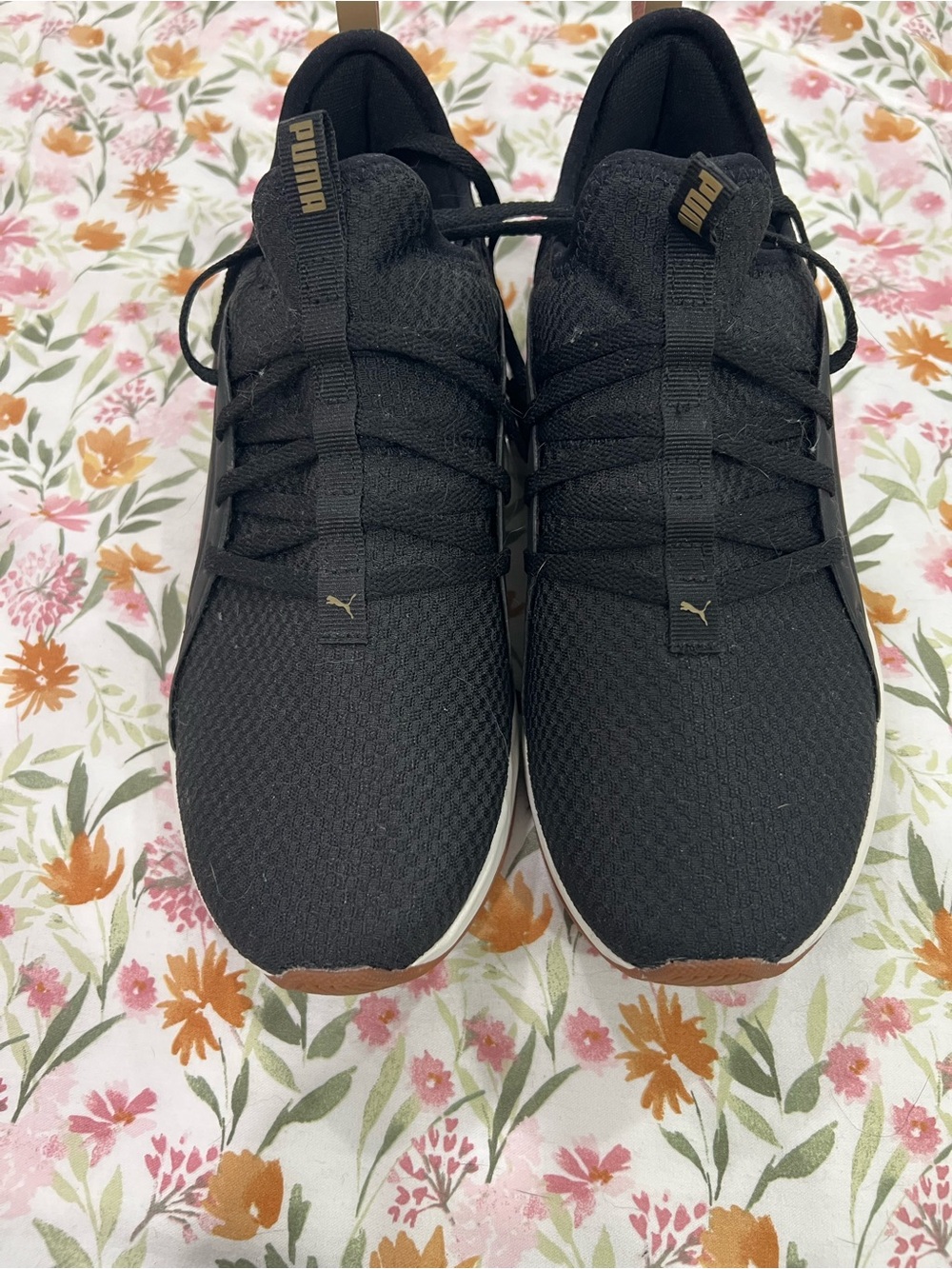 Puma Black Knit Low-Top Sneakers with Gold Accents
